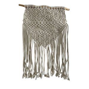 Macrame Woven Wall Hanging with Wooden Rod Medium 16 x 21